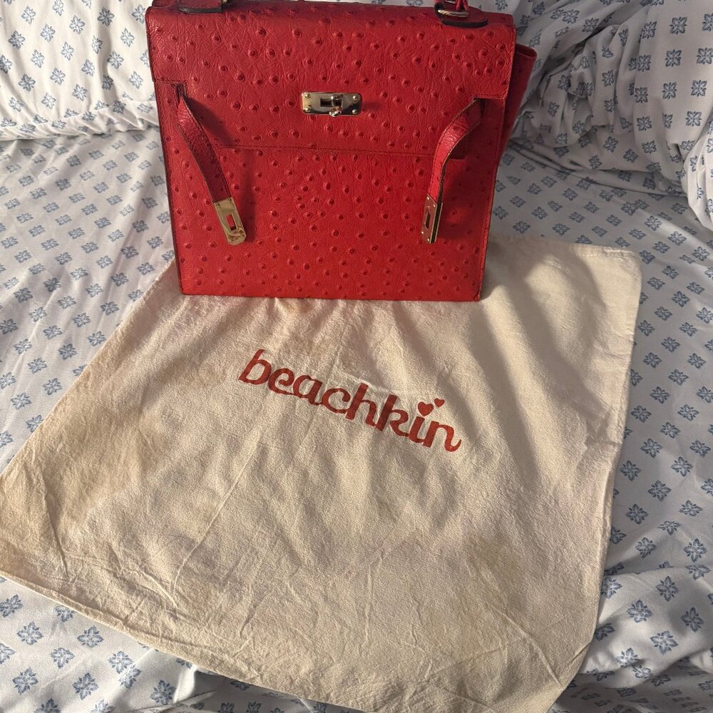 Beachkin Bag Kelly- Style Structured Handbag- Red Ostrich-Embossed
